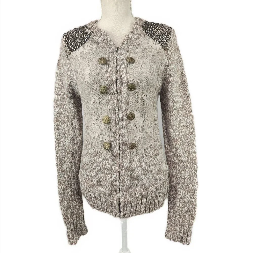 BKE Boutique Zip Up Cardigan Sweater Women's M Brown Studded Western Embellished